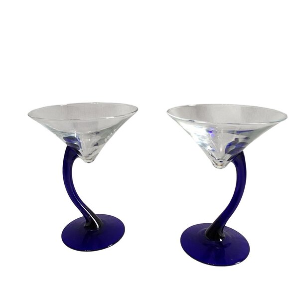 Set Of 2 Hand-Blown Blue‎ Stem Martini Glasses - Picture 1 of 8